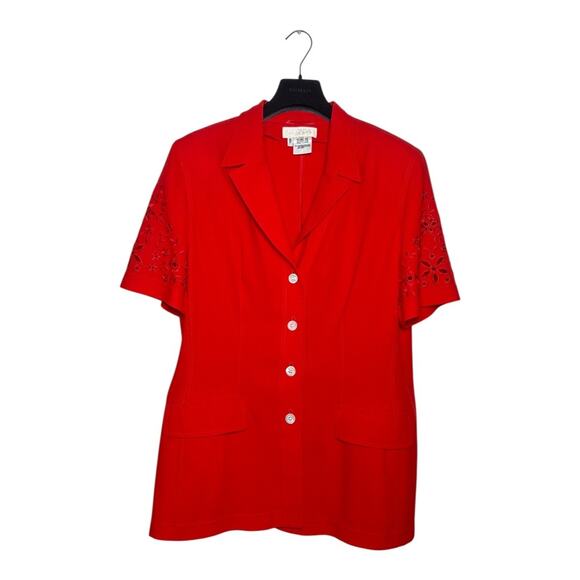 Escada Vintage Red Wool Short Sleeve Blazer Embroidered Eyelet 42 EU 12 US - Picture 2 of 12